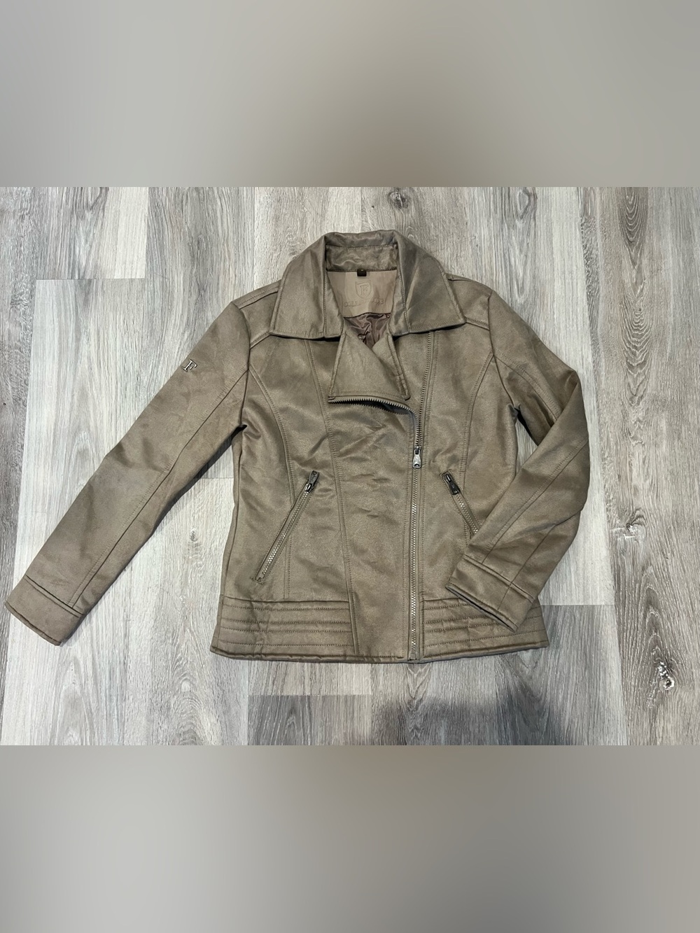 F Collections Faux Suede Moto Jacket - Taupe, Small